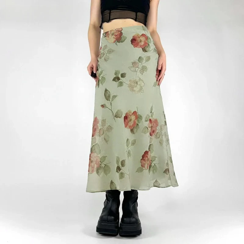 Y2k زهرة طباعة شبكة المرقعة تنورة بوهو الجمالية ألف خط طبقة مزدوجة التنانير الطويلة خمر عالية الخصر عطلة قيعان