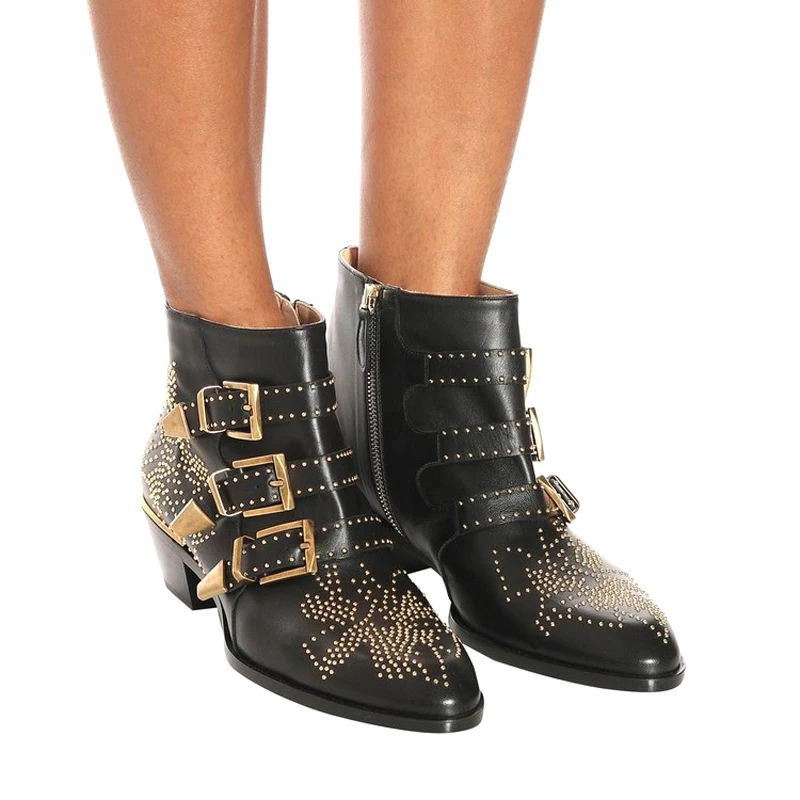 Rock Style Three Buckles Front Point Toe Punk Rivets Motorcycle Boots Autumn Fashion Studs Flowers Women Zipper Side Ankle Boots