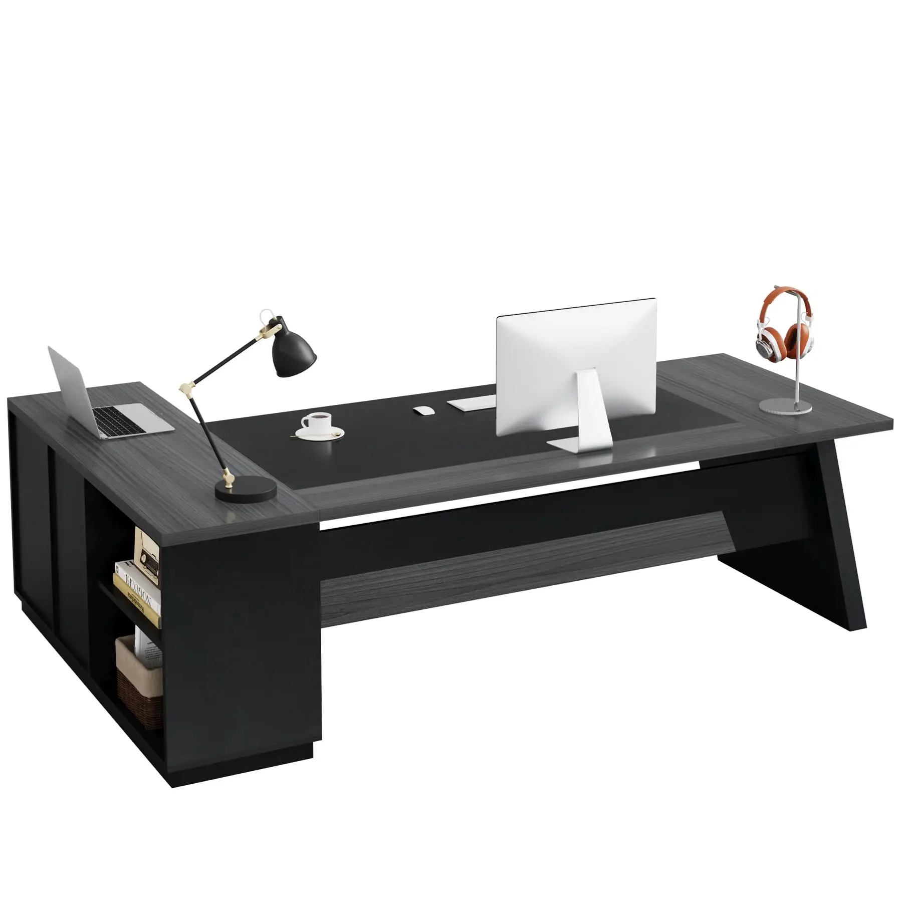 

as-L-Shaped Executive Desk, 78-Inch Modern Office Desk with Drawers and Lateral File Cabinet, Large Desk with Storage Shelves@