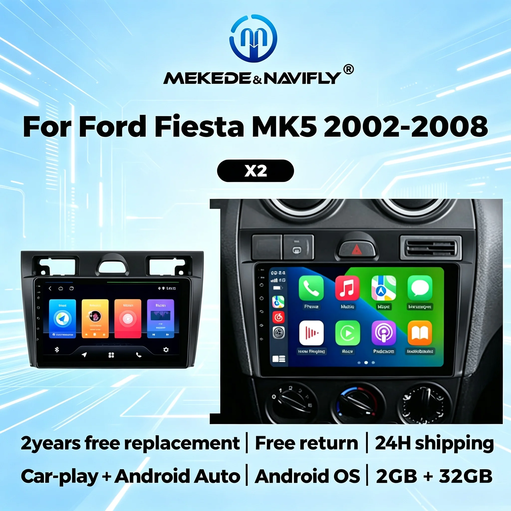 2Din Car Play Auto Android For Ford Fiesta Mk VI 5 Mk5 2002-2008 Car Radio Stereo Multimedia Video Player GPS Navigation WIFI BT