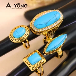 Luxury Dubai Gold Plated Rings 21k Gold Color Turquoise Fashion Couples Ring Saudi Middle East Women Wedding Jewelry