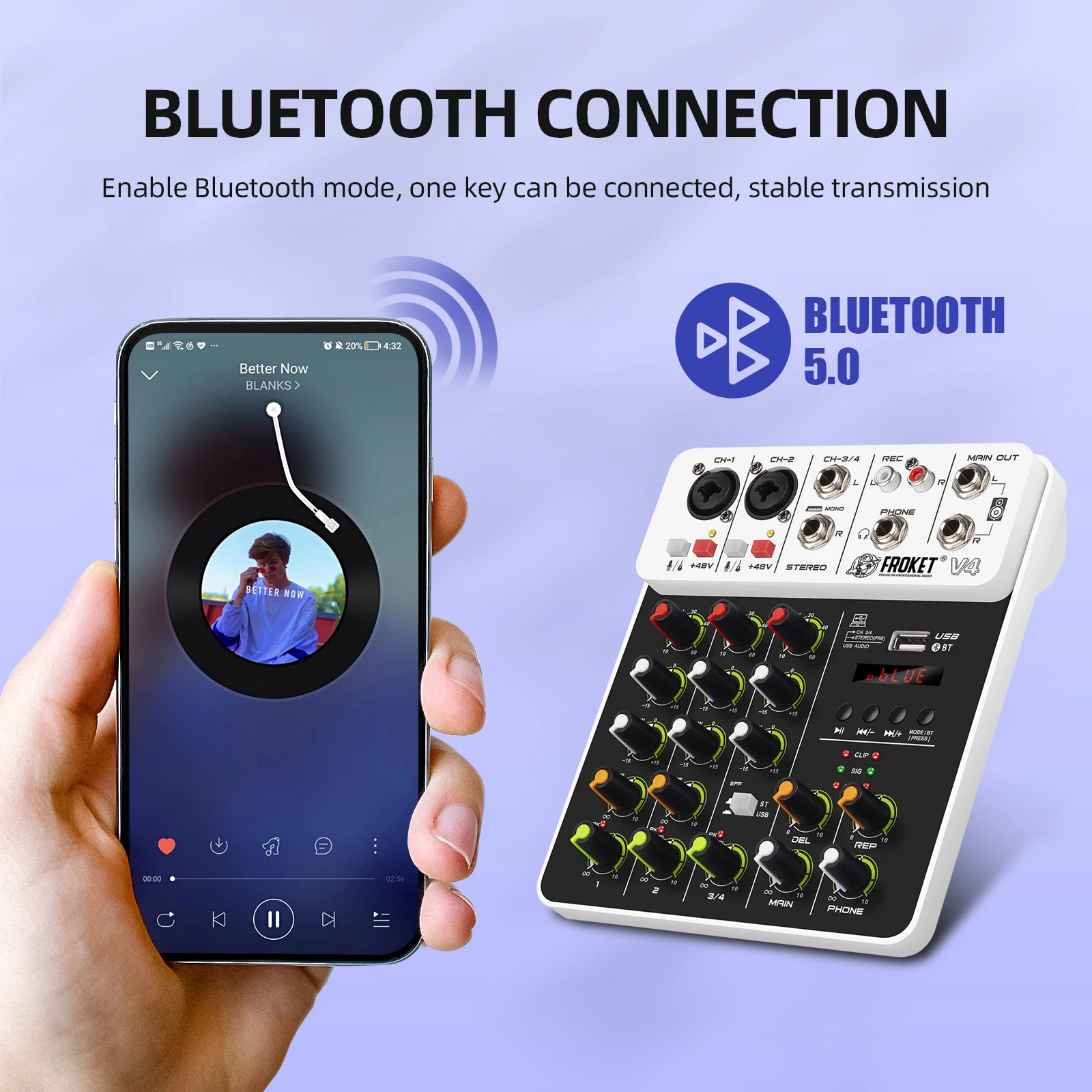 Froket V4 Audio Mixer DJ-Controller Mischen Bluetooth Phantom Power Delay Repaeat-Effekt für Sound Mixing Console PC-Aufnahme