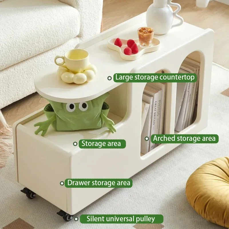 Movable Side Table Trolley, Cream Style End Table for Sofa,Coffee Table with Storage rack side cabinet for Bedroom Living room