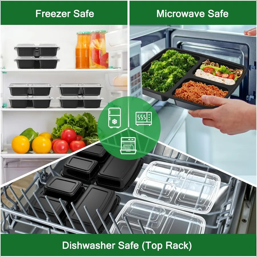 50 عبوة 100 قطعة من حاويات إعداد الوجبات سعة 32 أونصة قابلة لإعادة الاستخدام مع أغطية 3 مقصورة للخروج من حاويات تخزين المواد الغذائية البلاستيكية