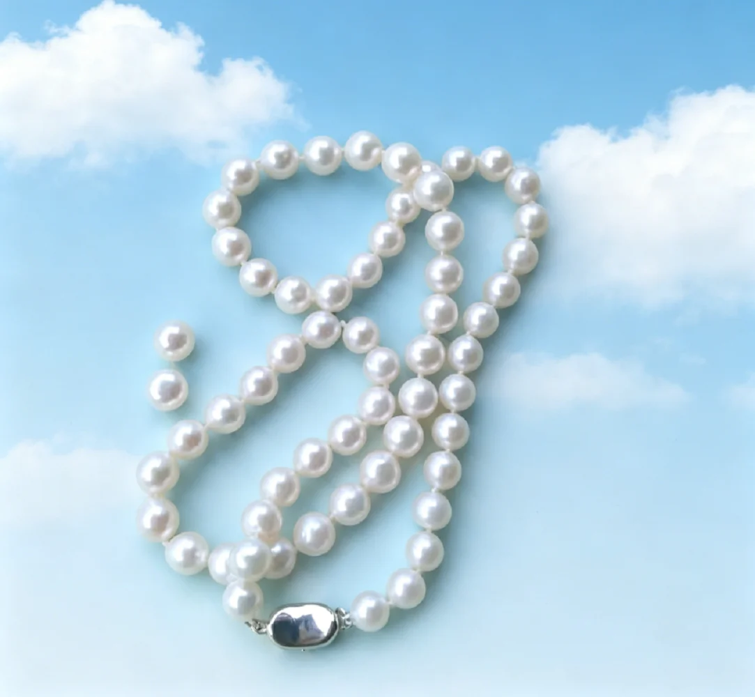 

Classic AAAA8-9mm Nanhai Natural White Round Pearl Necklace 18in+Earrings 925s * Supports Customized Sizes