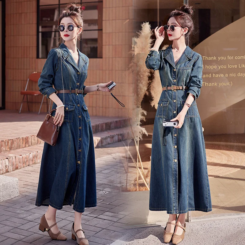 sachin and babi light blue dress Fashion Spring Autumn Denim Dress Windbreaker Women Single-breasted X-long  Jeans Dresses Belt Slim Elegant Female Casual 3044