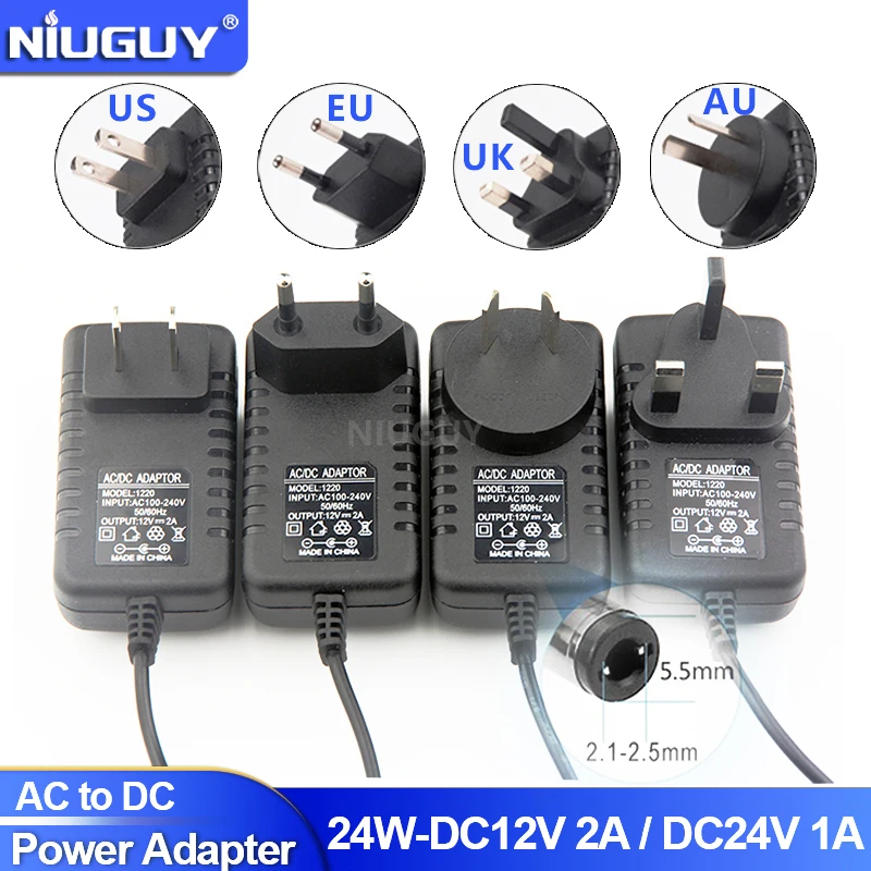 24W Power Adapter EU US AU UK Plug LED Driver AC110V 220V to DC 12V 2A 5.5*2.1mm-2.5mm  For LED Strip Lights Transformer CCTV