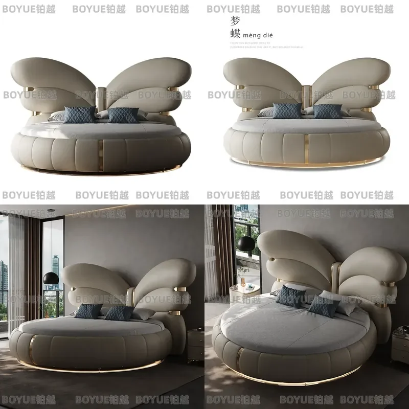 Italian Modern Light Luxury Round Bed Cream White Double Master Bedroom Furniture Large Circular Platform Frame Minimalist