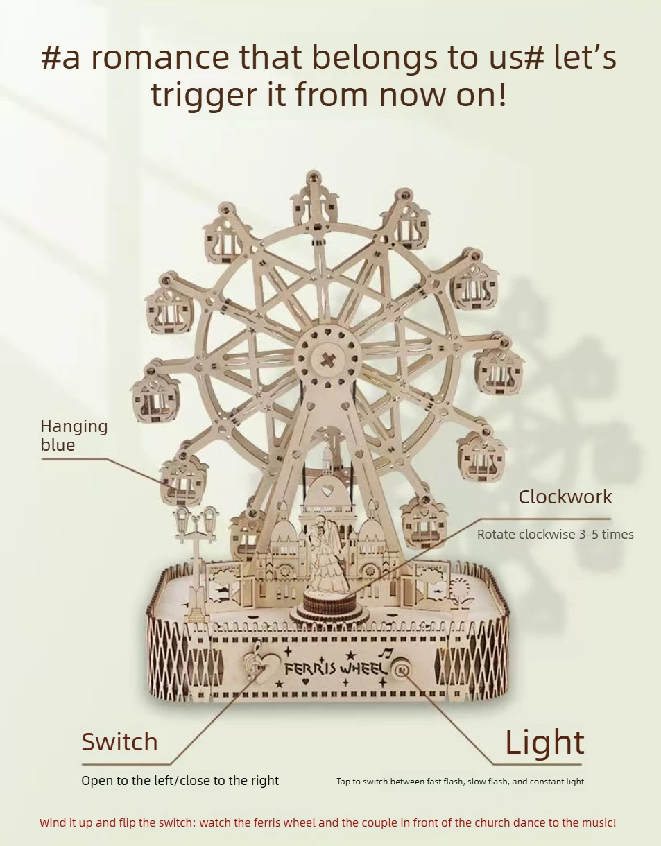 Wooden Ferris Wheel Music Box DIY 3D Puzzle Mechanical Model Kit Home Decor Ornament