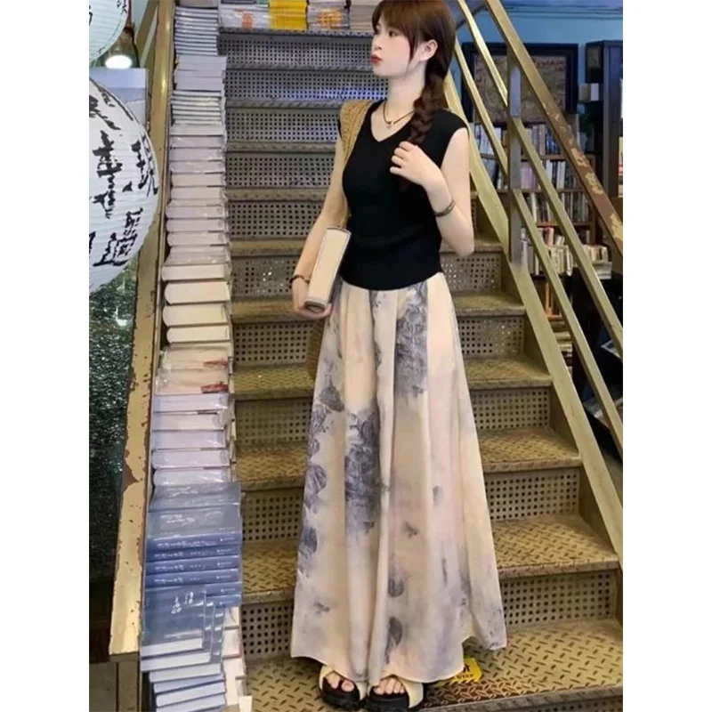 Jupe pantalon à jambes larges en soie glacée pour femmes, jupe d'été fine et amincissante, drapée, grande taille, décontractée, droite