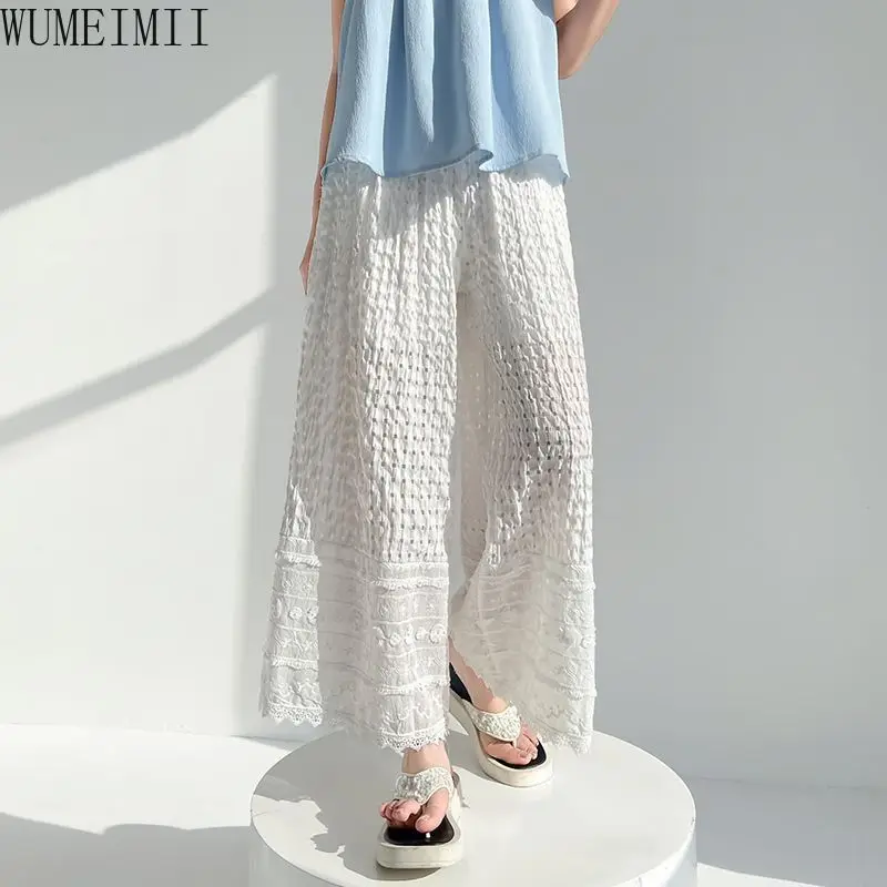 

2025 summer new hollow lace high waist wide leg women's quick-drying breathable drape casual pants