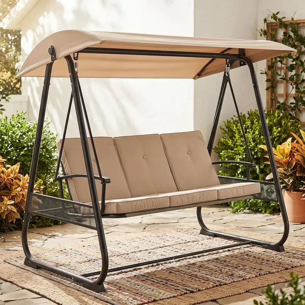 3-Seat Outdoor Patio Swing Chair, Convertible latbed Swing with Adjustable , Heavy-Duty Triangular e Porch Swing with Cushions o