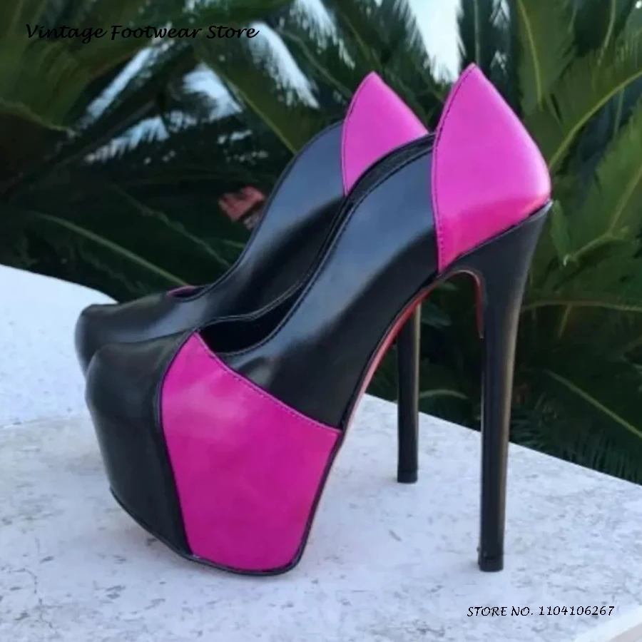 

Patchwork Leather Platform Pumps Elegant Round Toe Thin High Heels Party Evening Shoes Women's All Seasons Party Dress Stilettos