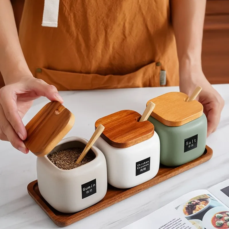 Japanese Style Kitchen Frosted Ceramic Spice Jar Set Creative Simple Seasoning Box 3-piece Set Salt, Sugar and Pepper Shakers