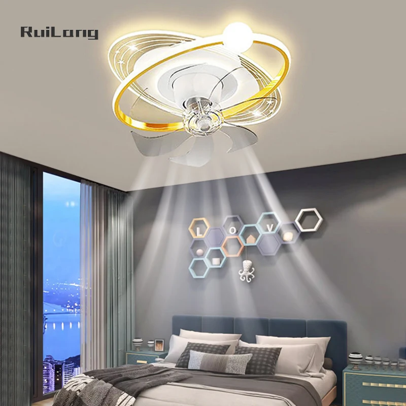 Modern Led Bedroom Ceiling Fan With Light For Kids Room Child Boys Girl Children Room Chandelier Fan Gold Planet Space Lighting