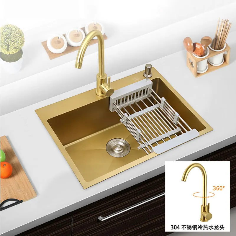 Luxury Stainless Steel Rectangle Nano Handmade Golden Sink Set Single Tank Manual Kitchen Sink with Faucet Spensor Accessories