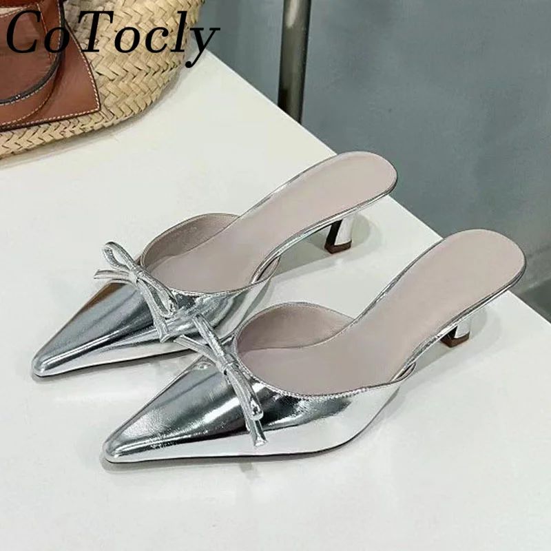 

Sexy Half Pack Kitten Heels Slippers Women Pointed Toe Butterfly-knot Mules Shoes Genuine Leather Stiletto Dress Slippers Woman