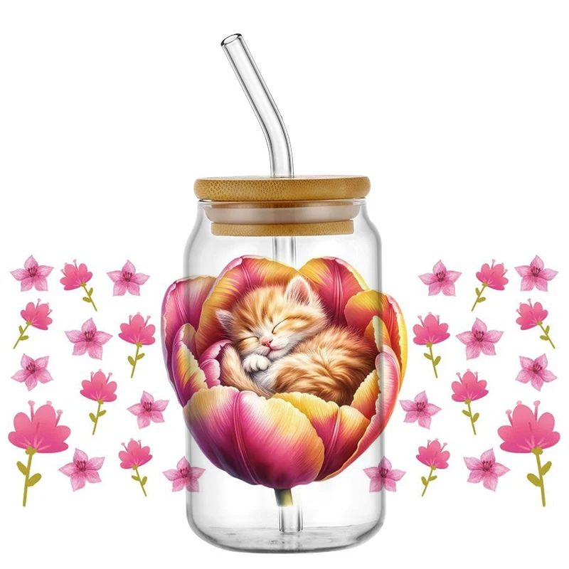 

Милый кот, сплящий в цвете, УФ-обертка для чашек DTF, водонепроницаемые наклейки UVDTF на 16 унций, наклейки для очков, чашек, кружки, наклейки «сделай сам»