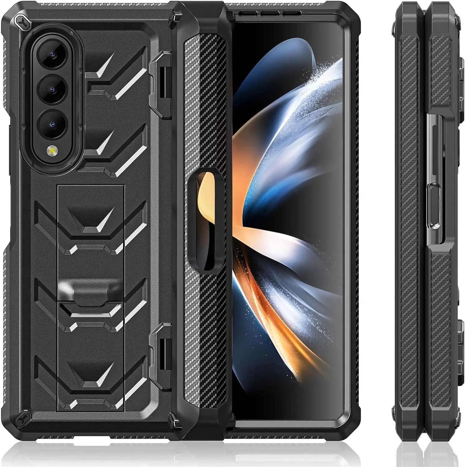 Case for Samsung Galaxy Z Fold 4, Shockproof Case with S Pen Holder and Kickstand, Tempered Glass Screen Protector, Full-Body