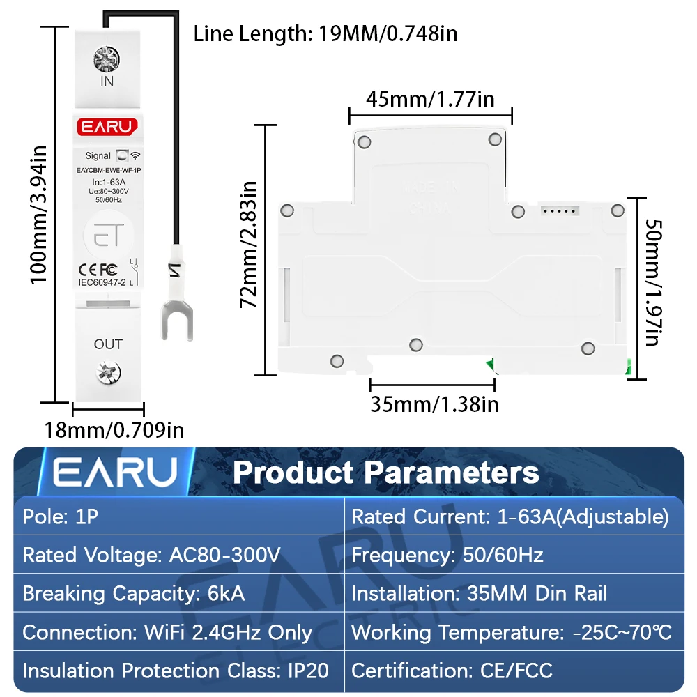 EARU 63A EWeLink App WiFi Smart MCB Circuit Breaker Current Voltage kWh Energy Meter Protector Timer Relay Switch Remote Control