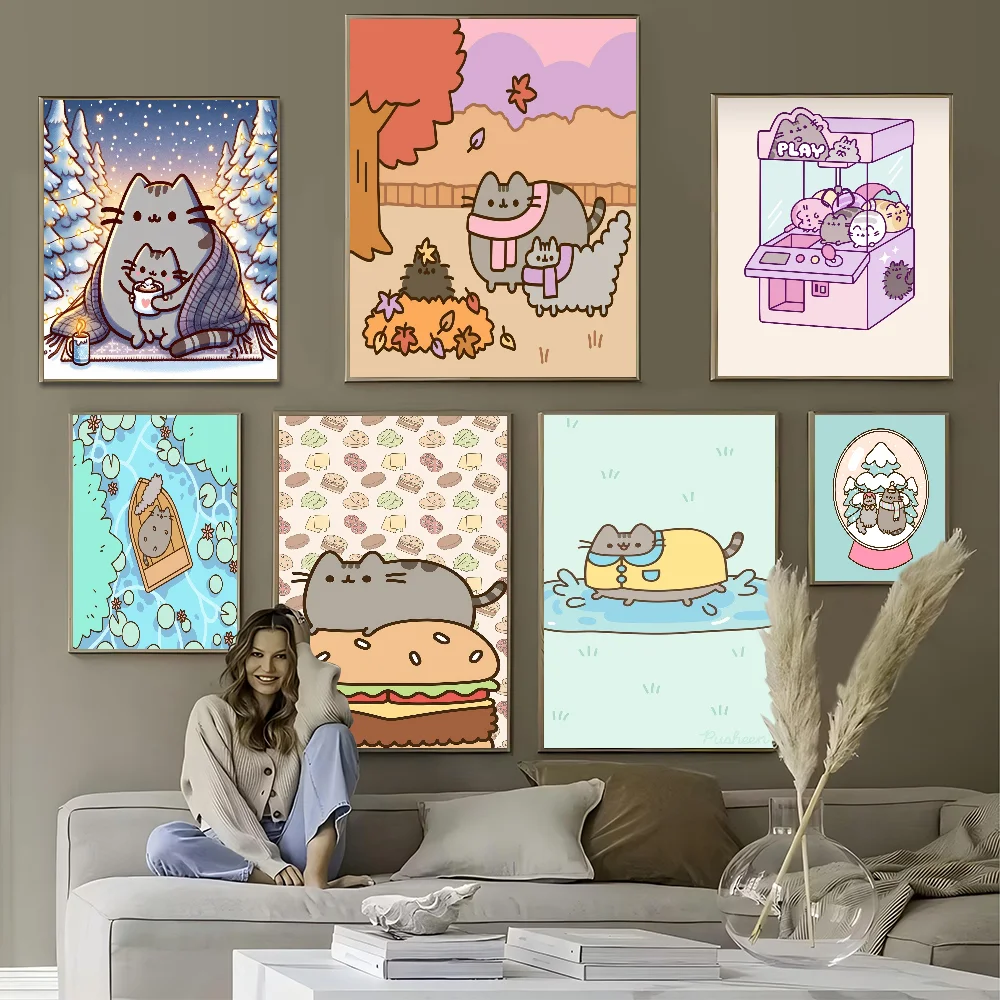 Cartoon Cute P-Pusheens K-Kawaii Good Quality Prints And Posters Waterproof Paper Sticker Coffee House Bar Posters Wall Stickers