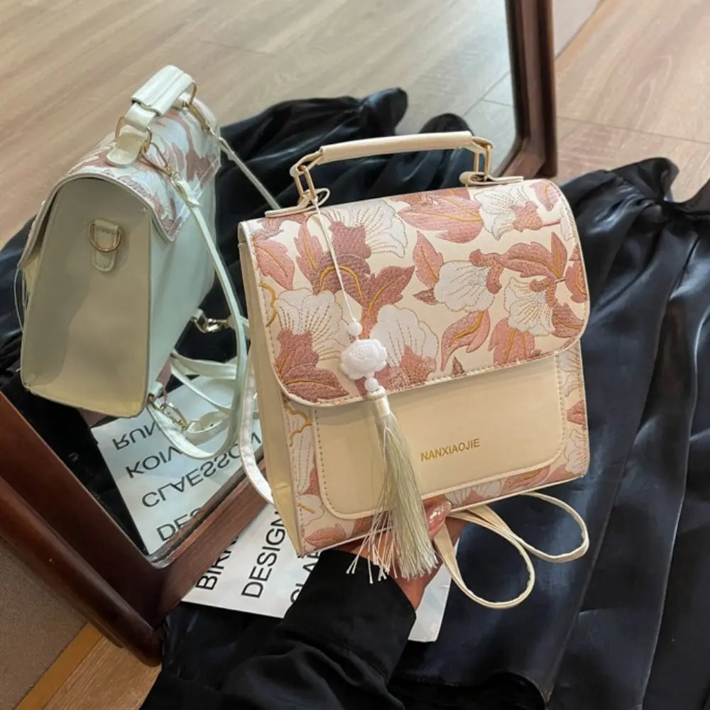 الحلو التطريز حقيبة ظهر من البولي يوريثان الفاخرة شرابة قلادة النمط الصيني Daypack سعة كبيرة خمر حقيبة ظهر مربعة صغيرة