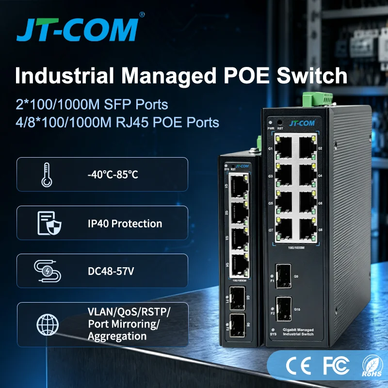 JT-COM Industrial PoE Managed Switch 4/8 Port 10/100/1000Mbps + 2 Port Gigabit SFP Slots DIN-Rail IP40 Standard IEEE802.3af/at
