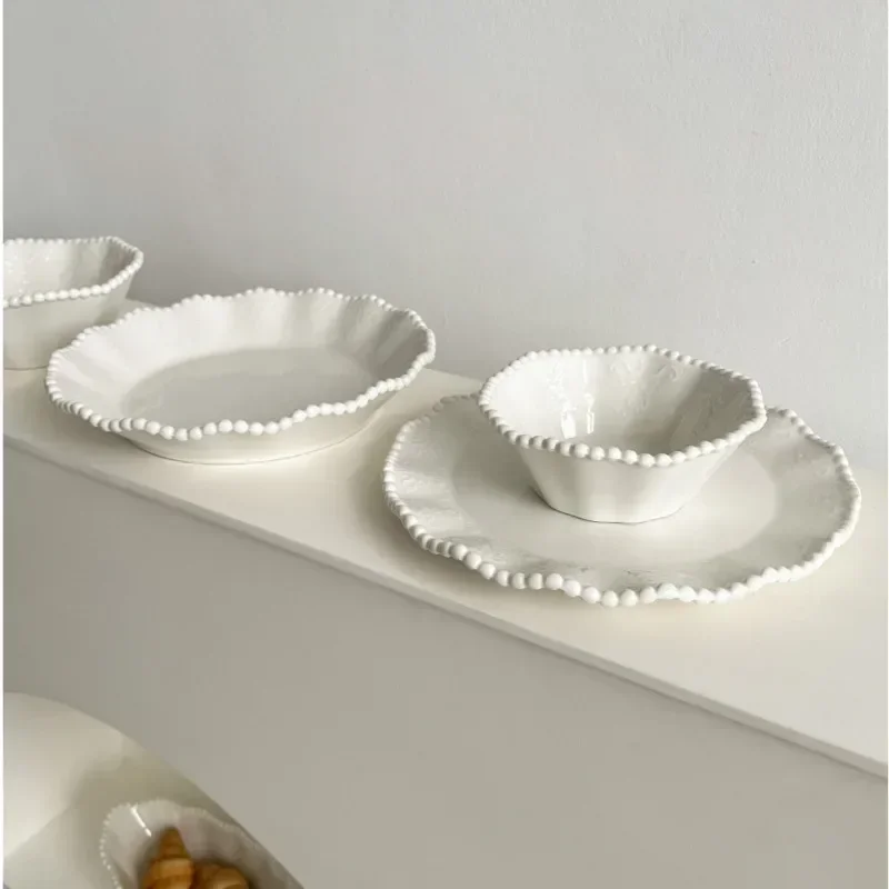 

Exquisite Dish Stand Ceramic Breakfast Tray Pearl Relief Plate Versatile Food Display Elegant Serving Dish Decorative Platter