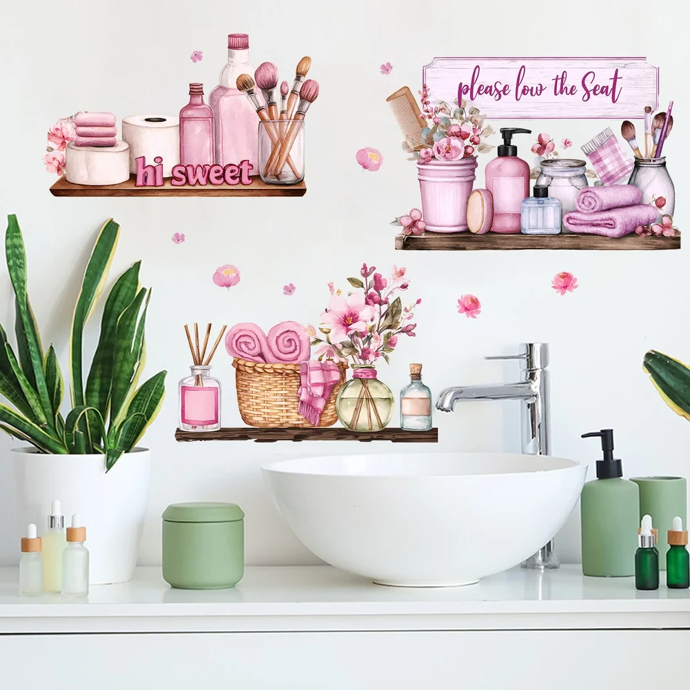 Creative Pink Vase Makeup Brush Holder Wall Sticker for Living Room Bedroom Study Room PVC Waterproof Material