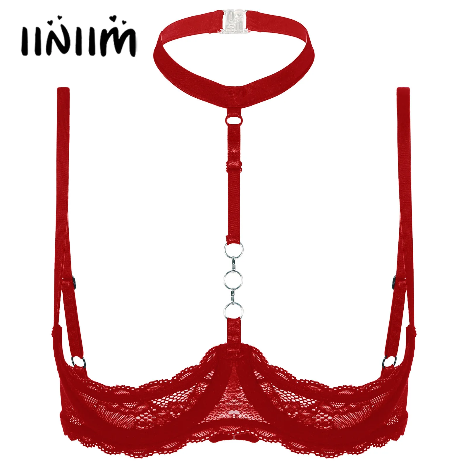 Womens Lingerie Open Chest Bra Underwear 1/4 Cups Underwire Hot Bra Tops Halter Neck O Ring Sheer Lace Push Up Sexy Brassiere