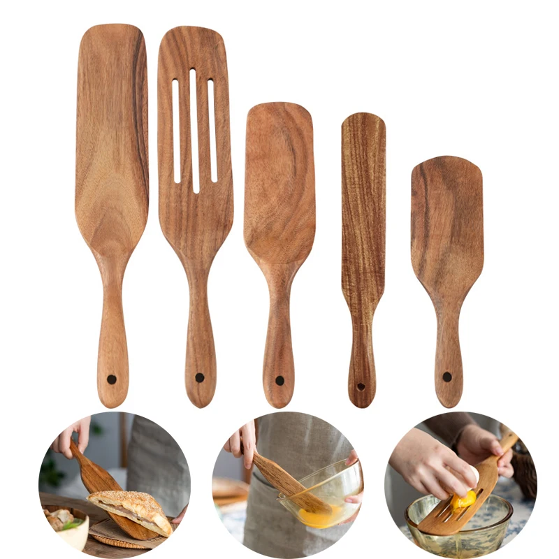 5PCS Teak Cooking Spoon Set Natural Wooden Ladle Skimmer Utensils Wooden Spatula Dim Sum Shovel Steak Shovel Kitchen Tools