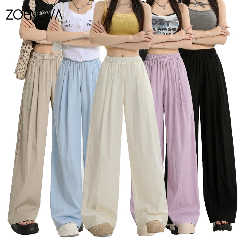 ZOENOVA Women Pants Spring Summer Ice Silk Wide Leg Pants  High Waist Loose Straight Casual Pant Female Outdoor Black Trousers