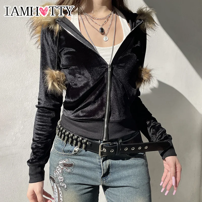 IAMHOTTY Vintage Faux Feathers Hooded Cardigan Black Cute Furry Ball Decorate Hooded Jackets Autumn Velvet Thin Coats Streetwear