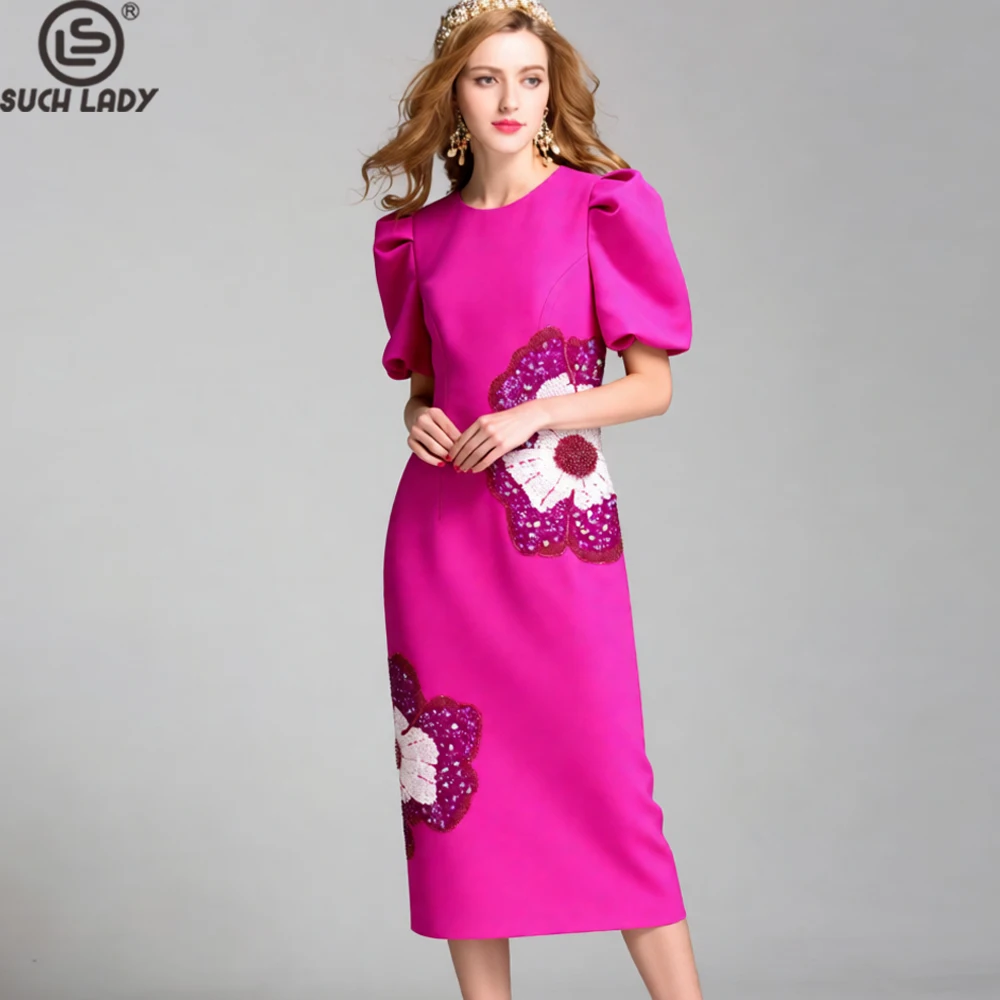 

Fuchsia Pink Puff Sleeve Dress with Sequin Flower Embellishment, Perfect for Parties and Special Occasions