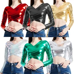 Sexy PU Leather Crop Top Women Shiny Leather Women Top Gold Silver Costumes T Shirt Club Tank Tee Stweetwear Upper Outer Garment