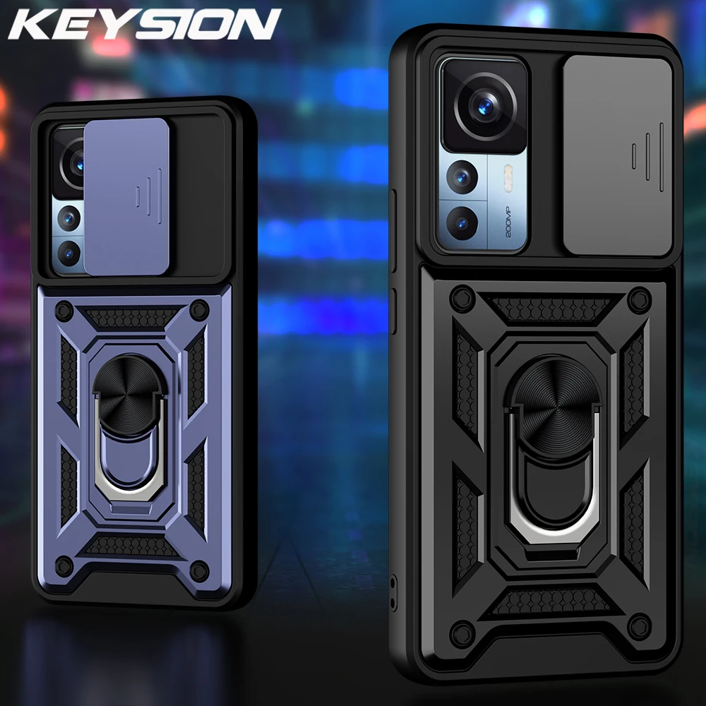 KEYSION Shockproof Case for Xiaomi 12T Pro 5G 12X 12 Lite Push Pull Camera Protection Ring Stand Phone Cover for Redmi K50 Ultra