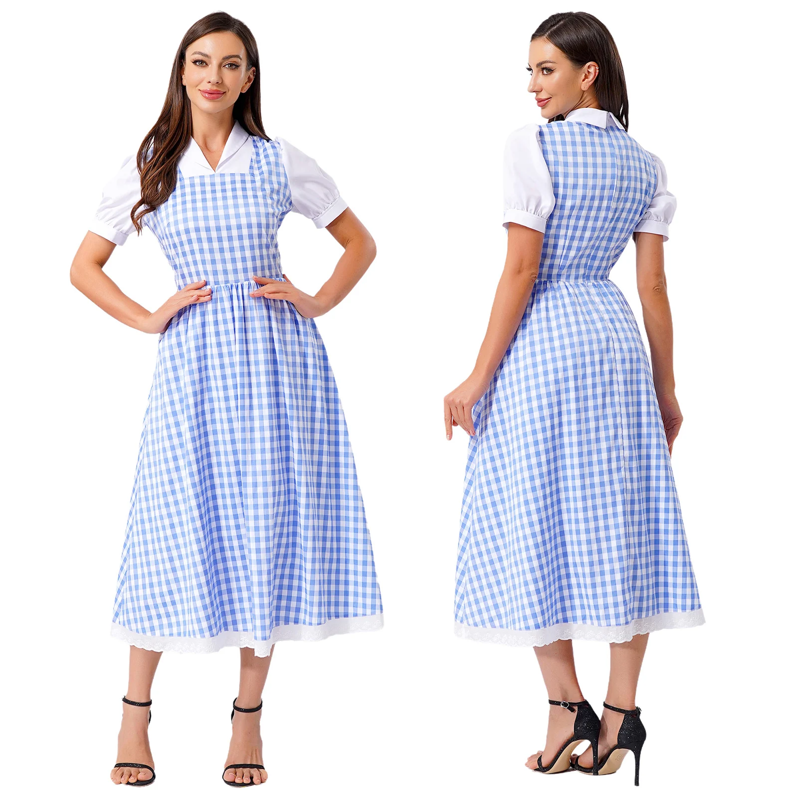 Disfraz de chica de granja de cuento de hadas para mujer, vestido a cuadros azul y blanco de manga corta, fiesta de Halloween, disfraz de sirvienta Oktoberfest