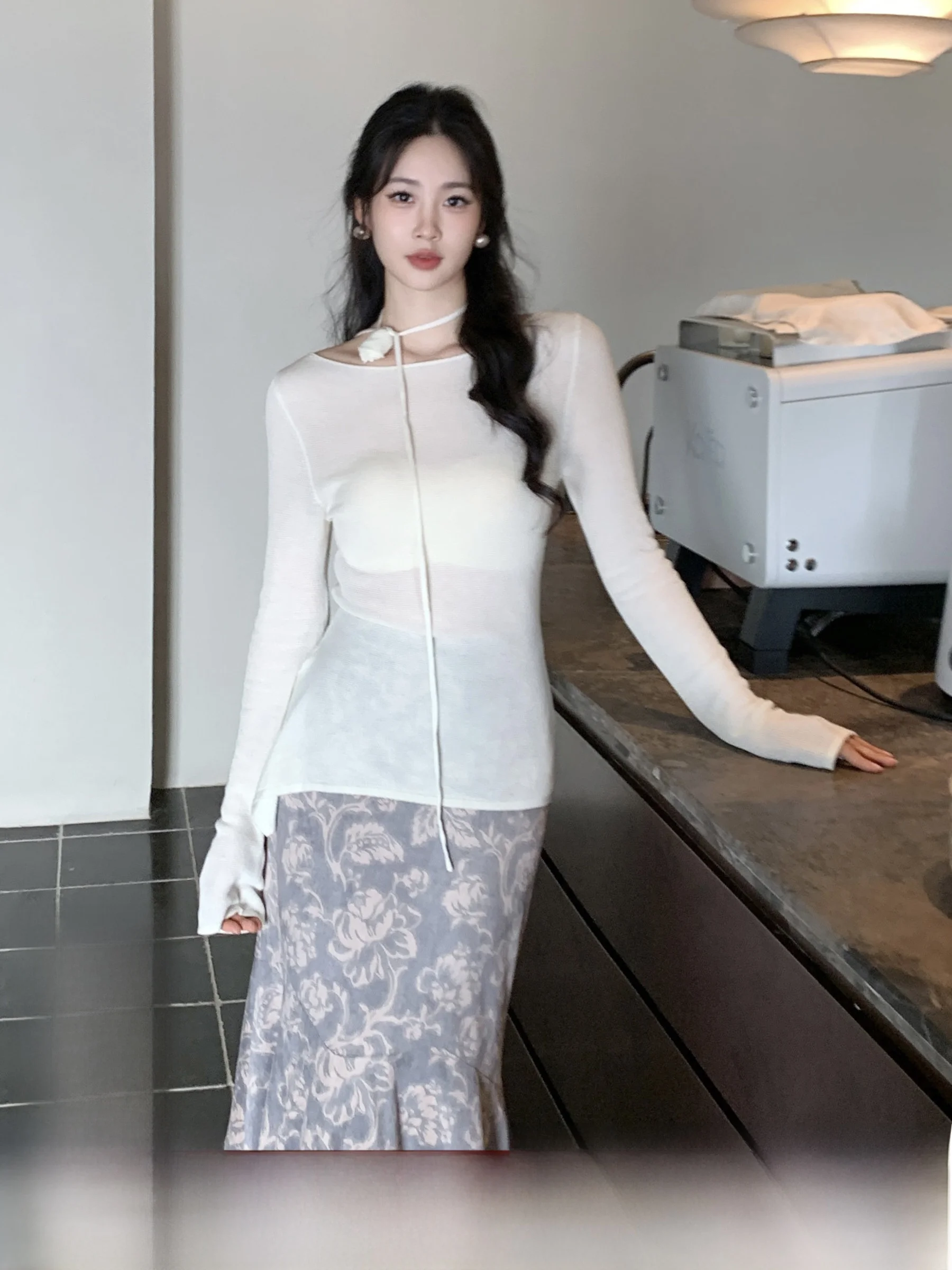 

SYT oulder Bared Knitted Cover up Long Sve round Ne mat Tie Women's Autumn New Sle Casual Slim Fit Top