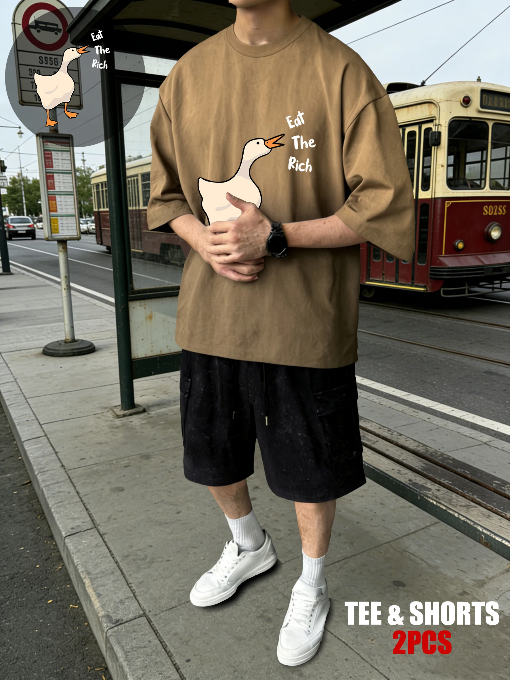 

Футболки с принтом Eat The Rich Goose, мужские футболки из мягкого хлопка в стиле ретро, модный комплект с шортами с круглым вырезом, летняя одежда унисекс