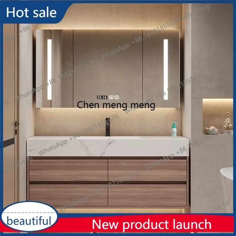 P32 Rock slab bathroom cabinet light luxury solid wood washbasin combination washbasin seamless integrated ceramic double basin