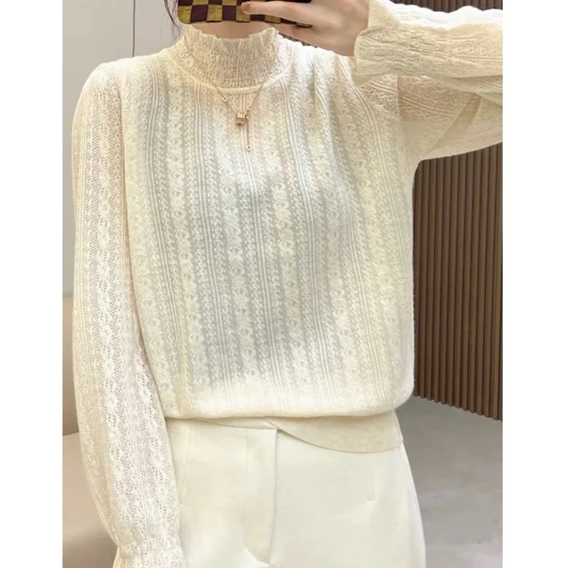 

Elegant temperament wooden ear side half high neck hollow cashmere sweater women's spring and autumn thin loose sweater wool