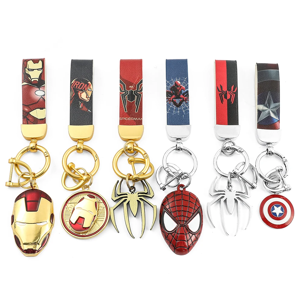 Marvel Avengers Leather Keychain Superhero Iron Man Spiderman Leather Badge Mask Pendant for Car Key Holder Accessories