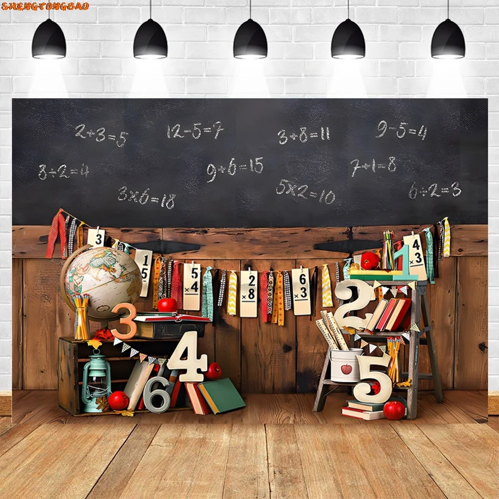 Toile de fond de photographie de retour à l'école, chaise de bureau d'étudiant, tableau noir d'étude, décoration de salle d'irritation, arrière-plan, accessoires de photobooth