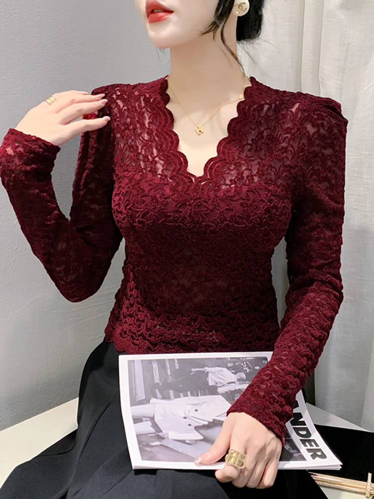 

Sexy Hollow out V-Ne Lace irt Women Long Sve Fce Lined Bodycon Base irt Women Autumn Winter Faion Korean Sle