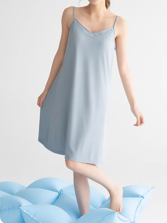 

Ice Silk Modal Spwear Women's One-Piece Bra-Free Slip Dr Mid-Length V-Ne ort Sve Comfortable Cotton Satin Nightgown