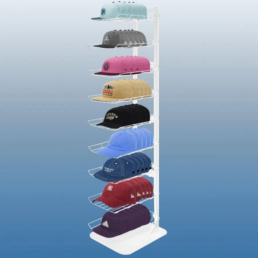عرض 9 طبقات، حامل القبعة يصل إلى 70 قبعة، حامل القبعات المعدنية للقبعات المتعددة، عرض القبعات التجارية للبيع بالتجزئة، أبيض