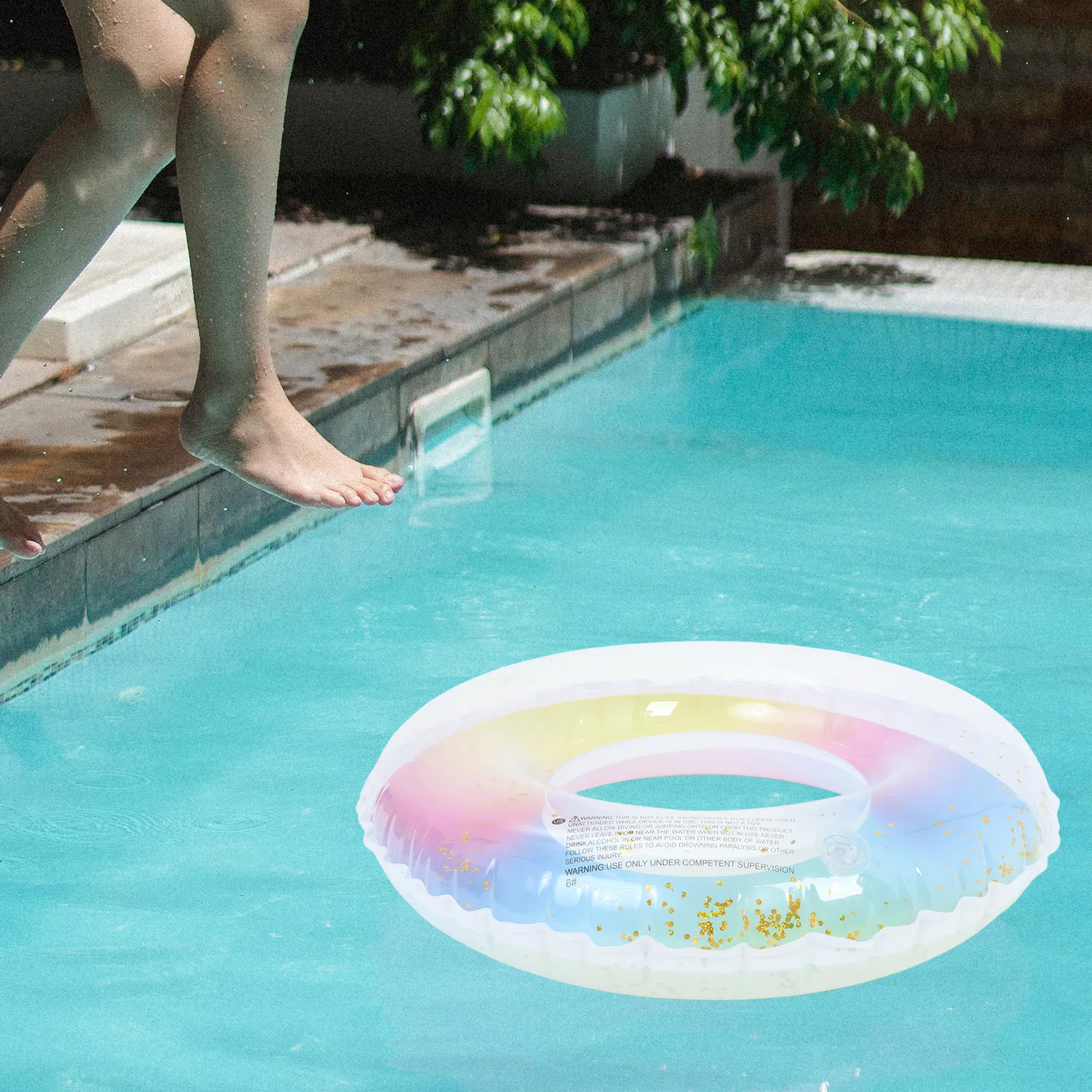 

Practical Translucent Gradient Rainbow Inflatable Swimming Ring Easy Inflate Deflate Safe Float Seat Beach Accessory For Women