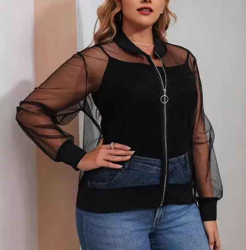 

Fashion Women's Jacket 2025 Spring and Summer Hot Selling Sexy See Through Zipper Long Sleeved Mesh Women's Short Jacket