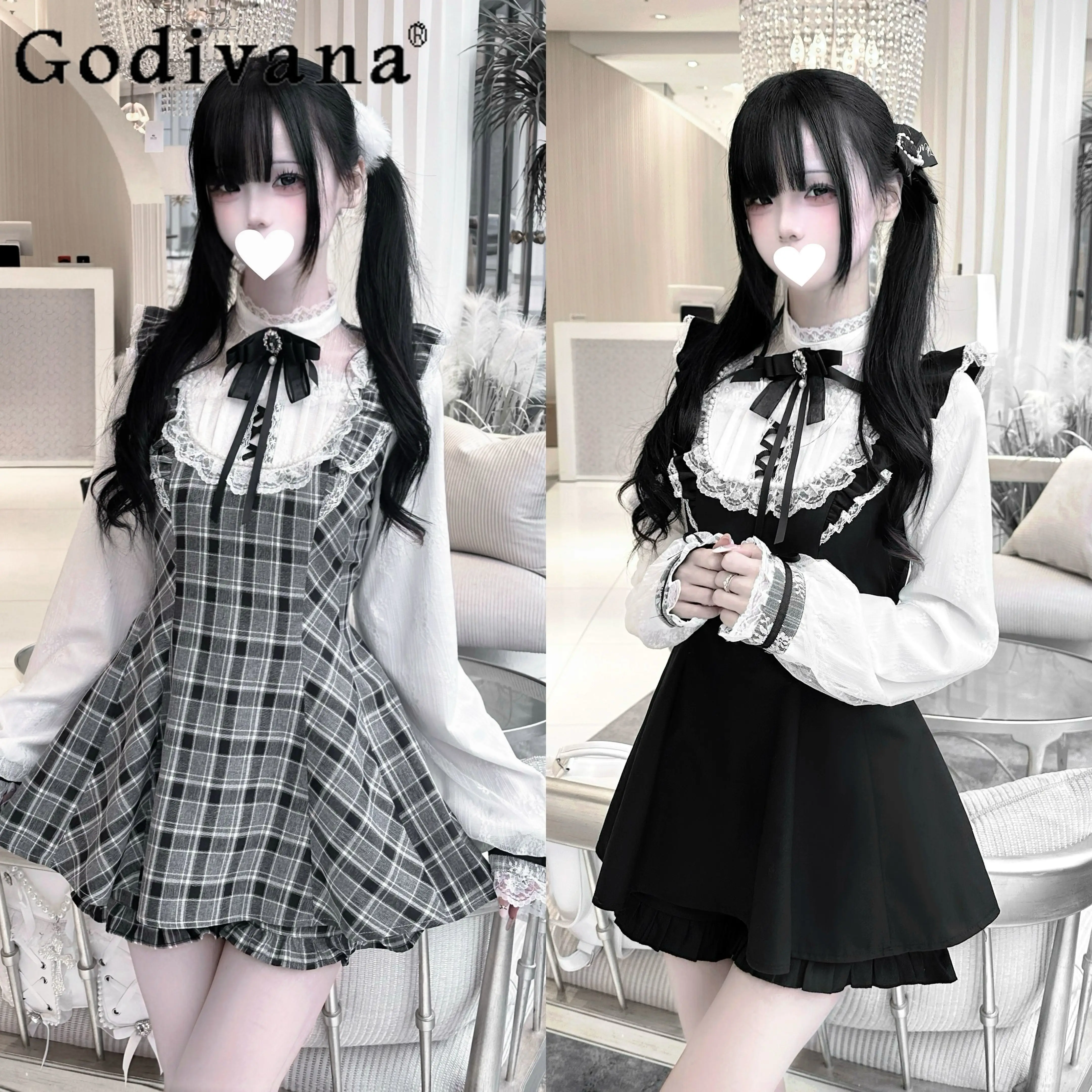 Conjunto de vestido de manga larga para mujer, Top y pantalones cortos a cuadros con lazo de perlas de encaje, conjuntos de dos piezas, trajes de Lolita, novedad de primavera