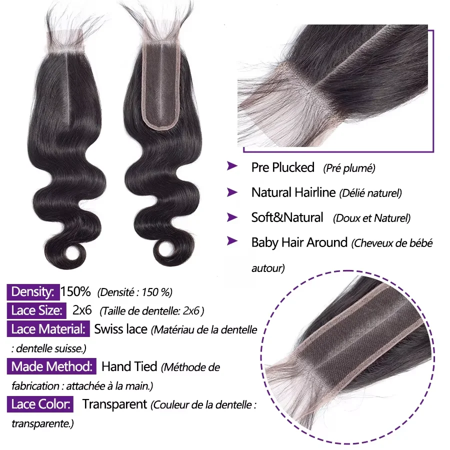 Queenlike 3+1 Echthaar-Bundles Body Wave mit 2x6 Lace Closure, 12A Brasilianisches Rohhaar-Bundles mit tiefem Mittelteil und HD-Lace – Detail 2